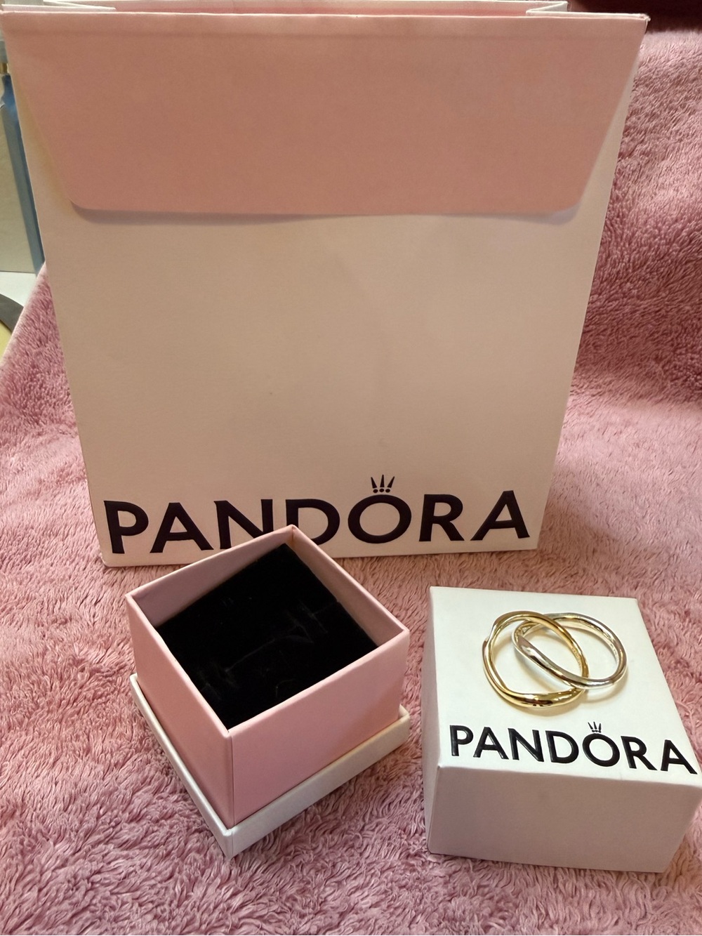 Pandora Gold and Silver Stacking Rings with Pink Box